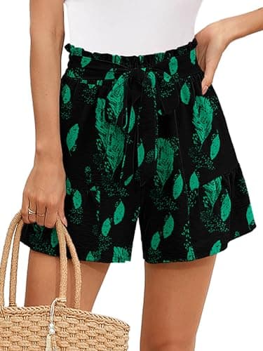 Heymoments Women's Wide Leg Shorts Lightweight Green Leaves Black X-Large High Waisted Flowy Adjustable Tie Knot Loose Fit Summer Cute Trousers - Image 1