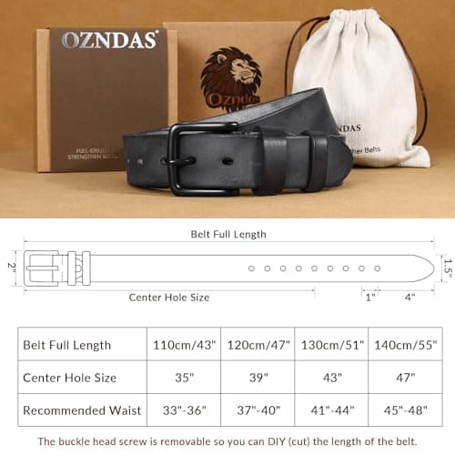 OZNDAS Men's Leather Belt Full Grain Leather Belts for Men Handmade Real Solid Top-Grain Leather Heavy-Duty Work Belt Gifts Grey Leather Belt for Wasit 40"-43" - Thumbnail 6