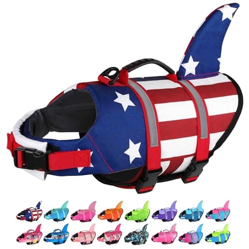 Dogcheer Dog Life Jacket Shark, American Flag Dog Life Vest with Reflective Stripes & Rescue Handle, Adjustable High Buoyancy Puppy Swim Float Vest for Small Medium Large Dogs - USA Flag, M - Image 1