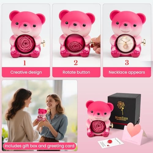 mountova Cute Teddy Bear with Preserved Rose and Necklace, Elegant Bear Roses Gifts with Hidden Jewelry Box for Women, Girlfriend, Wife, Sister, Valentines Day Gift, Forever Eternal Rose Flower Decor - Thumbnail 4