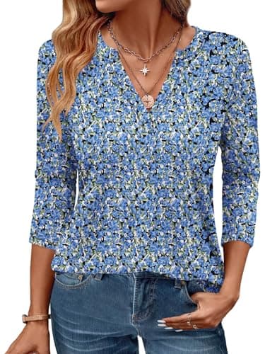 Womens Tops 3/4 Sleeve V Neck Spring Summer Work Tunic Shirts Business Dressy Casual Blouses Blue Floral - Image 1