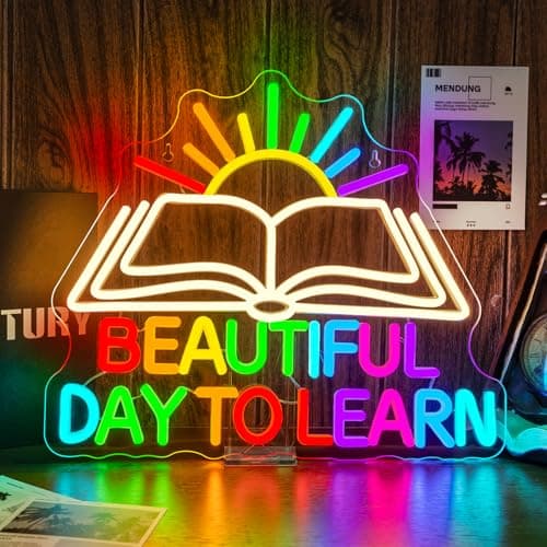 Beautiful Day Neon Sign To Learn Study Neon Signs for Classroom Wall Decor Rainbow LED Lights Up Classroom Bedroom in Reading Corner Decor Library LED Sign Study Office Gifts for Teens