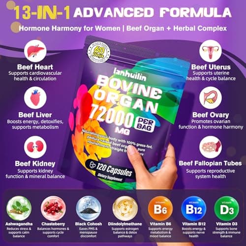 Beef Organ Supplement for Women (Liver, Kidney, Uterus, Heart, & 4 More) with Ashwagandha, DIM, Vitamin & Black Cohosh – Grass Fed Beef Liver Capsules for Endocrine Balance, Energy – 120 Capsules - Thumbnail 4