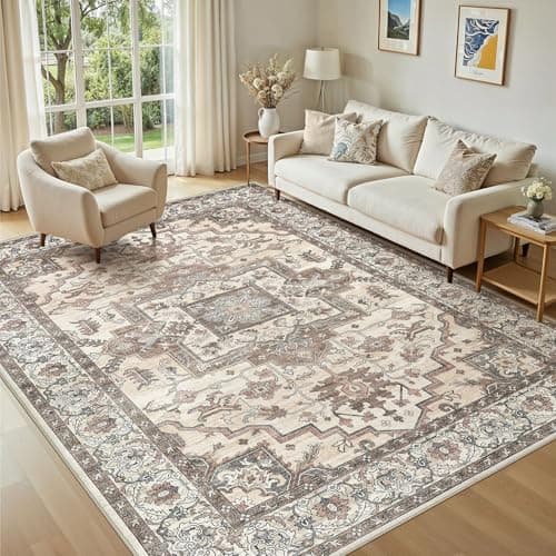 Vintage Area Rugs 5x7 Washable Light Brown, Non-Slip Low Pile Stain Resistant Carpet for Living Room Dining Room, Traditional Large Retro Bedroom Kid & Pet Friendly Floor Home Decor - Image 1