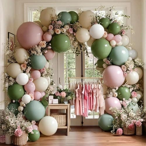Sage Green Pink Balloon Garland Double Stuffed Dusty Pink Green White Sand Balloons Rose Cream Balloon Arch Kit for Birthday Baby Shower Gender Reveal Wedding Wild Flower Easter Party Decorations - Image 1