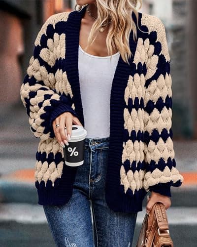 KIRUNDO Womens Fashion Fall Cardigan 2026 Open Front Chunky Cardigan Sweaters Oversized Lantern Sleeve Striped Color Block Cardigans Outwear Winter Clothes(Navy, Small) - Thumbnail 3
