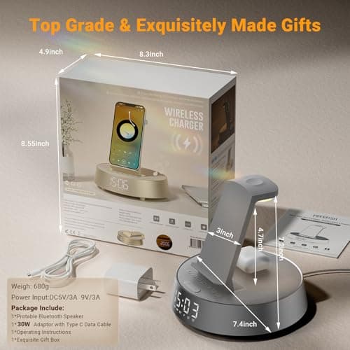 Alarm Clock Charging Station for Bedrooms, Wireless Charging Station with Dimmable Night Light Bluetooth Speaker, Wireless Charger for iPhone 17 16 15 14 13 12 Pro Max, iWatch 11 - Thumbnail 5