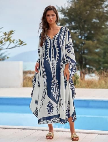 ZAFUL Kaftan Dresses for Women Moo Moos Plus Size O Ring V Neck Batwing Sleeves Beach Cover Ups Hawaii Summer Vacation Outfits Caftan Maxi Dress Loungewear Blue - Thumbnail 2