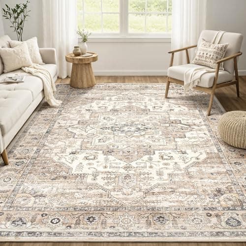 Area Rug 5x7 Washable Vintage - Soft Traditional Rugs for Living Room Large Non Slip Backing with Low Pile Farmhouse Oriental Retro Carpet for Bedroom Dining Room or Home Office - Tea Brown - Image 1