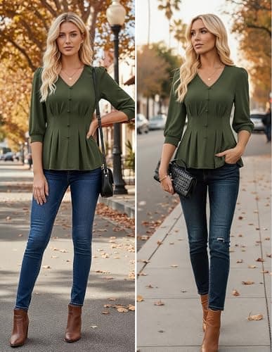 GRACE KARIN Women Business Casual Tops, 2026 Summer Trendy Dressy Blouses, 3/4 Sleeve V Neck Work Shirts Olive Green Medium - Thumbnail 5