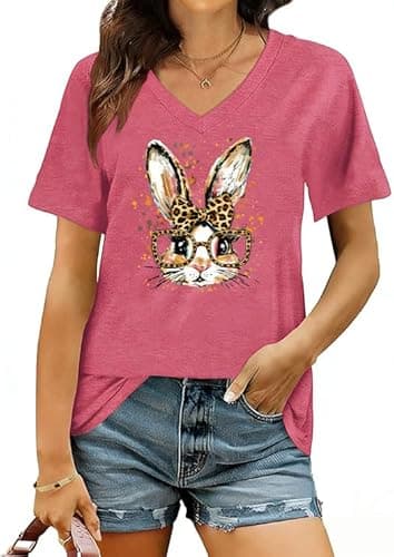 Easter Shirts for Women Happy Bunny with Leopard Bow Shirts Cute Floral Rabbit Graphic Tee - Image 1
