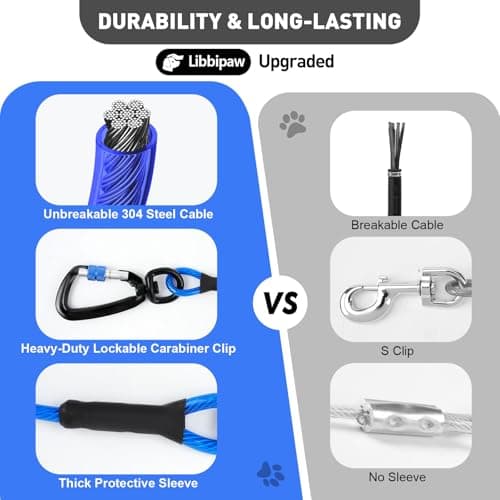 Libbipaw Dog Tie Out Cable 15FT Heavy Duty Chew Proof, Tangle-Free Runner with 360° Swivels & Locking Clip for Large Dogs Up to 250LBS - Rust Proof Leash for Yard, Camping, Outside (Blue 15FT) - Thumbnail 4