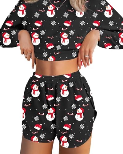JUSTFASHIONNOW Womens Christmas Pajama Sets Long Sleeve Top and Split Shorts Holiday Lounge Set Loungewear Crew Neck Snowman Print Sleepwear Soft Pjs Xmas Winter Cute Outfits (Black, Small) - Image 1
