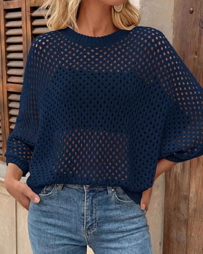 KIRUNDO Crochet Tops for Women Summer Batwing Sleeve Beach Sweater Lightweight Knit Cover Up Shirts Cruise Vacation Outfits(Navy, Medium) - Thumbnail 5