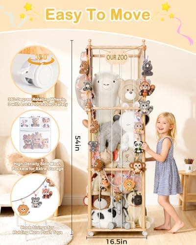 Stuffed Animal Storage, Wood Animals Plush Zoo Toy Toy Storage Holder, Large Capacity Toy Cage With Side Hanging Pouch & Clip Hook, Stuffed Animal Organizer for Playroom, Living Room, Bedroom 54 inch - Thumbnail 2