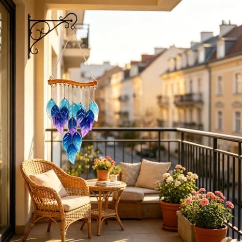 Wind Chimes Blue Glass Leaves, Garden Wind Chime for Home, Party, Festival Decor, Glass Garden Patio Yard Porch Decoration Indoor/Outside, Lifelike Leaf Style - Thumbnail 4