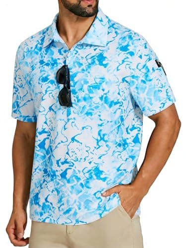 Cozople Mens Polo Shirt Short Sleeve Blue Water Wave Print Performance Golf Shirt with Sunglasses Holder Moisture Wicking Collared Top for Fishing & Beach Casual Wear, 2X-Large - Image 1