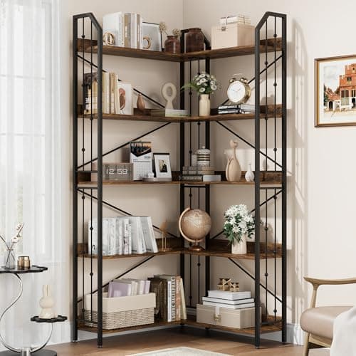 GarveeHome Corner Bookshelf 72" L Shaped Bookcase, Corner Bookshelves Industrial Bookcase 5 Tier L-Shape Bookshelf, Large Bookcases with Beaded Design Tall Display Rack Shelf for Living Room Bedroom - Image 1