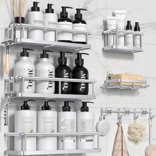 YASONIC Shower Caddy, 6 Pack Large Capacity Bath Organizer with Soap Holder and 12 Hooks, Rustproof bathroom Shelves for Inside Shower, No Drilling&Sleek Bathroom Organizers and Storage Silver - Image 1