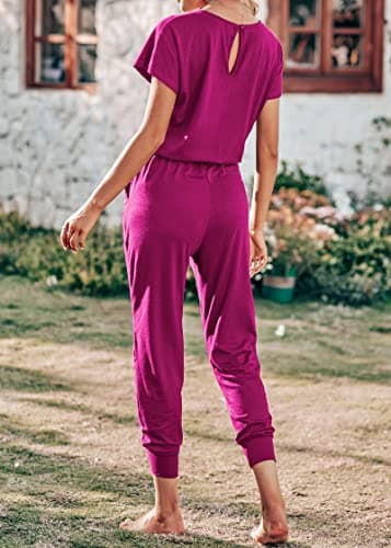 KIRUNDO Jumpsuits for Women Summer 2026 Casual Short Sleeve One Piece Outfits Drawstring Waist Long Pants Romper Jumpers(Purple Red, Medium) - Thumbnail 6