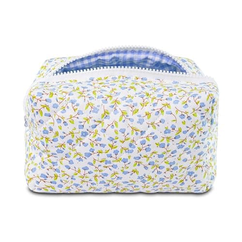 Quilted Makeup Bag Floral Cotton Make up Bag Puffy Coquette Makeup pouch Aesthetic Cute Travel Toiletry Bag for Women Girls