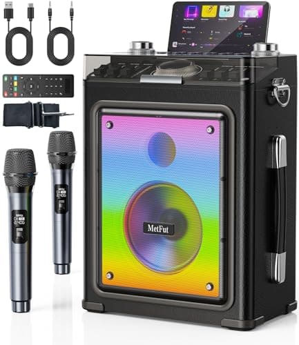 Metfut Karaoke Machine for Adults with 2 Wireless Microphones & Guitar Input, Professional Bluetooth 5.3 Speaker, Portable Wooden Karaoke PA System with Bass/Treble Adjustable for Backyard, Home Party