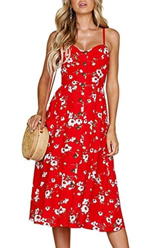 Angashion Women's Dresses-Summer Floral Bohemian Spaghetti Strap Button Down Swing Midi Dress 0860 Red L - Image 1