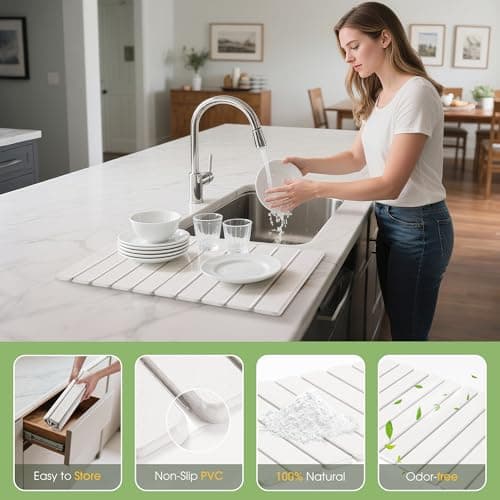 HABUTWAY Large Stone Dish Drying Mat for Kitchen Counter Quick Dry Collapsible Diatomaceous Earth Dish Drying Mats Water Absorbent Drying Mat for Dishes Bottles Cups Foldable (WHITE, 24"L×16"W) - Thumbnail 4