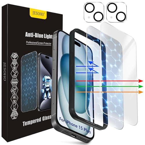 JESOHO Blue Light Screen Protector for iPhone 15 Plus [6.7 Inch],2 pcs Colorless Anti-Blue Light Tempered Glass Films, HD Clear, 9H Hardness, No Bubbles, Case Friendly with 2 pcs Camera Lens Protector - Image 1