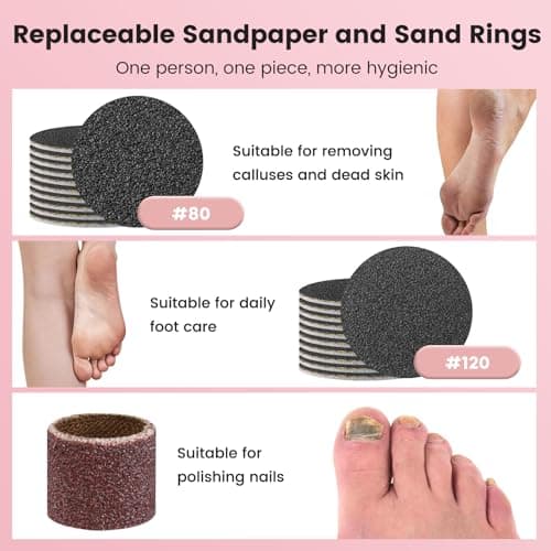 2 in 1 Electric Foot Callus Remover Women, 2000RPM Electric Callus Remover for Feet with 6 Adjustable Settings, Rechargeable Foot File with 40Pcs Sandpaper Discs for Women's Day Gift (Pink) - Thumbnail 6