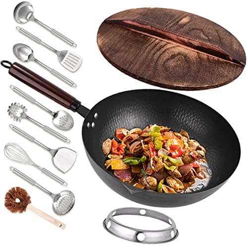 Leidawn 12.8" Carbon Steel Wok-11Pcs Woks & Stir Fry Pans Wok Pan with Lid, No Chemical Coated Chinese Woks with 10 Cookware Accessories, Flat Bottom Wok for Electric, Induction,Gas Stoves - Image 1
