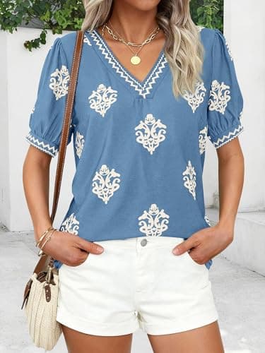 BTFBM Casual Spring Shirts for Women Beach Fashion Going Out Tops Vacation Short Sleeve Floral Boho Blouses Tunics(Light Blue Apricot Flower,XX-Large) - Thumbnail 4