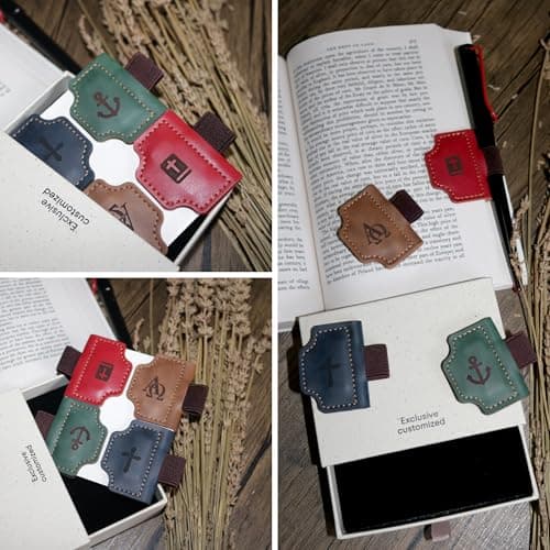 Buyborgood 4 Pcs Personalized Magnetic Leather Bookmark Pen Holder Book Lovers Christian Gifts Bygone Mark for Reading, Red-Bible + Brown-AΩ + Blue-Cross + Green-Anchor - Thumbnail 5
