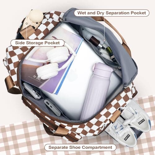 WOOMADA Foldable Travel Duffel Bag for Women, Weekender Bags with Shoes Compartment,Overnight Bag with Wet Pocket & Trolley Sleeve(brown checkerboard) - Thumbnail 4