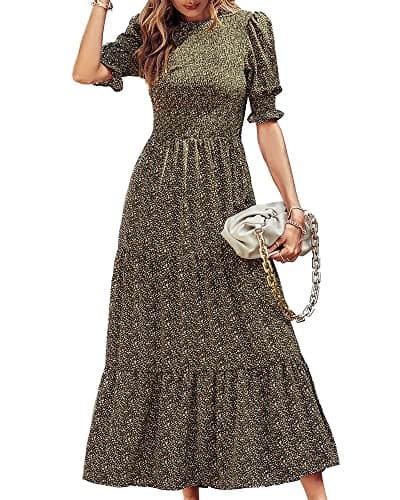 BTFBM Women Casual Summer Dresses 2026 Spring Crew Neck Ruffle Short Sleeve Smocked Floral Boho Flowy Maxi Dress Clothes(Floral Green, Medium) - Image 1
