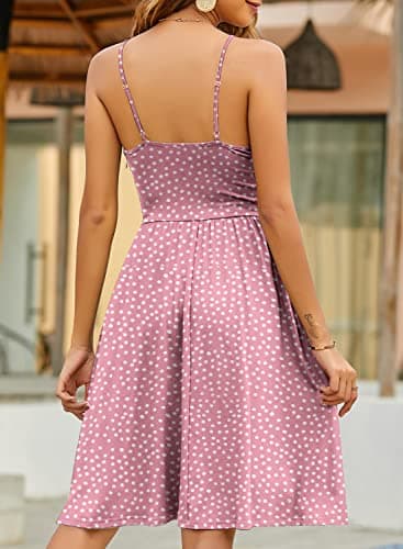 YATHON Pink White Dot Casual Dresses for Women Sleeveless Cotton Summer Beach Dress A Line Spaghetti Strap Sundresses with Pockets 2025(S, YT090-Pink Dot) - Thumbnail 2