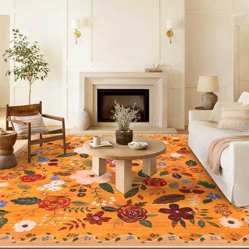 U'Artlines 8x10ft Fall Colorful Floral Area Rug Machine Washable Ultra Soft Low Pile Non Slip Non Shedding Accent Floor Carpet for Living Room, Bedroom, Dining Room, Office (Orange) - Image 1