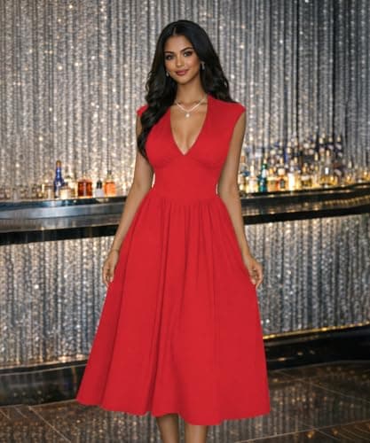 ABKY Womens Midi Dresses Deep V Neck Cap Sleeve Back- Tie A-Line Swing Dress with Pocket Party Foraml Date Night Prom Outfits Red S - Thumbnail 5