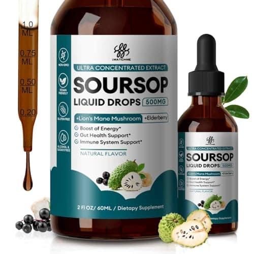 Soursop Graviola Liquid Drop with Elderberry & Lion Mane Mushroom, Soursop Bitter Liquid for Immune, Gut, Antioxidants, Cell & Energy Support, Sugar-Free, 3X Power Herbal, Natural Flavor, 2 Fl Oz - Image 1