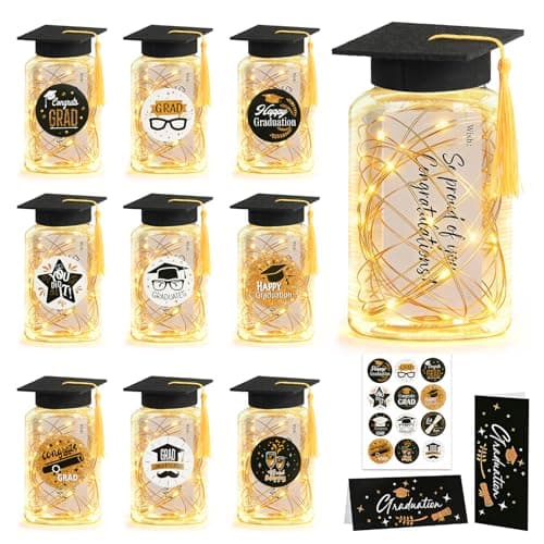 9 Pcs Graduation Centerpieces for Tables with LED Lights, Class of 2026 Graduation Table Decorations Mason Grad Jar with String Lights, Felt Caps, Wish Cards, Stickers, and GlueDots (Black Gold)