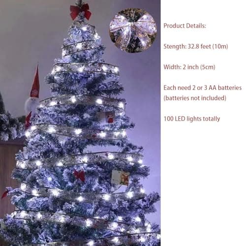 Christmas Tree Decorations Ribbon Lights, 32ft 100 LED String Lights, Battery-Powered Copper Wire Christmas Tree Ribbon Lights for Holiday Party Weddings Indoor Christmas Tree Decorations (Silver) - Thumbnail 3