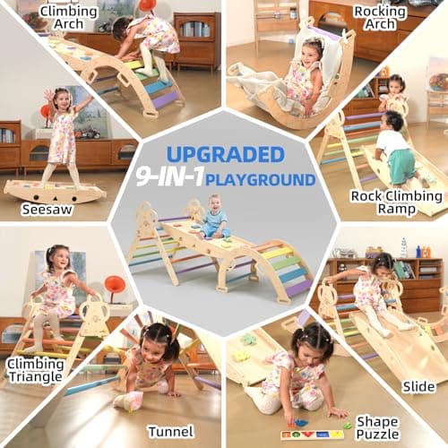 VENSEEN Baby Pikler Triangle Set with Cushion, 9-in-1 Foldable Wooden Climbing Toys for Toddlers, Indoor Montessori Jungle Gym Set for Kids Birthday Gift - Thumbnail 3