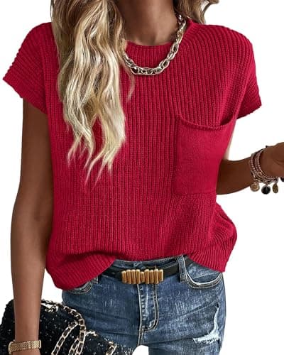 KIRUNDO Spring Summer Short Sleeve Sweater for Women 2026 Casual Sweater Vest Cotton Knit Pullover Tank Tops Fashion Clothing(Red, Large) - Image 1