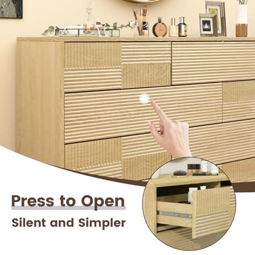 Hadulcet Wood Dressers for Bedroom 47” Wide, Large 8 Drawer Dresser TV Stand, Modern Chest of Drawers for Closet Clothes Storage Organizer with Fluted Panel, No Handles Design, Natural Oak - Thumbnail 6