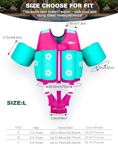 AEOCOO Kids Pool Floaties 1-2-3-5-7-9 Years Old, Toddler Swim Vest 20-30-50-70 Pounds, Comfortable Extended Wear Kids Float Jacket with Crotch Strap, Bright Design and Unpadded Sides, Pink - Thumbnail 4