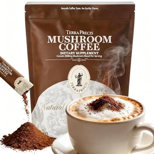 TerraPrecis Instant Mushroom Coffee, Coffee with Mushrooms Powder (Organic Lions Mane & Reishi, Maitake, Chaga, MCT Oil) Herbal Supplement for Better Energy, Focus, Digestion, Immunity, 30 Servings