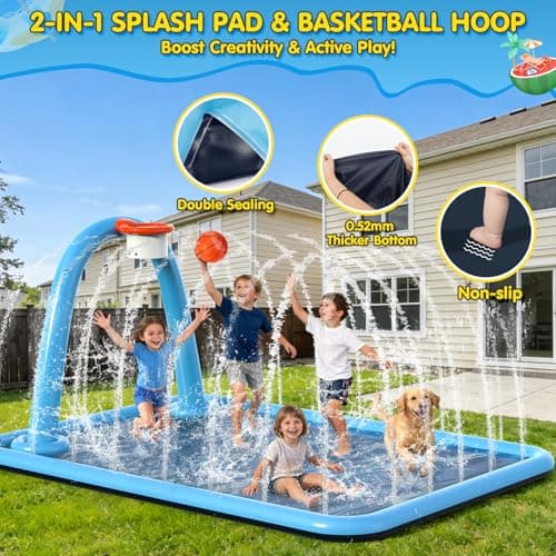 Instraella Splash Pad for Kids, 110 x 91'' Large 2-in-1 Sprinkler Mat with Basketball Hoop, Inflatable Splash Pad for Backyard Outdoor Water Play, Summer Water Toys for Boys and Girls - Thumbnail 4