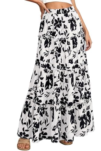 BTFBM Floral Maxi Skirts for Women Summer Spring 2026 Elastic Waist Tiered Flowy Beach Vacation Boho Midi Long Skirt(Floral White Black, XX-Large) - Image 1