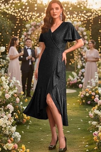 Autumn Flowerwall Women Plus Size Formal Party Gown Sparkle Black XL Lustrous Knit V Neck Flutter Sleeve Cocktail Dress A-Line Evening Gowns for Curvy Women Prom Ball Gown Slit - Thumbnail 4