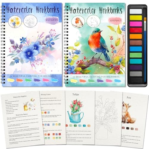 Elfew 2 Pack Watercolor Workbooks Coloring Books, 24 Pages Beginner Friendly Painting Kit, Detailed Steps, 12 Colors Paint Set with Brush, Stress-Relieving Gift for Adults & Women (Animals & Flowers) - Image 1